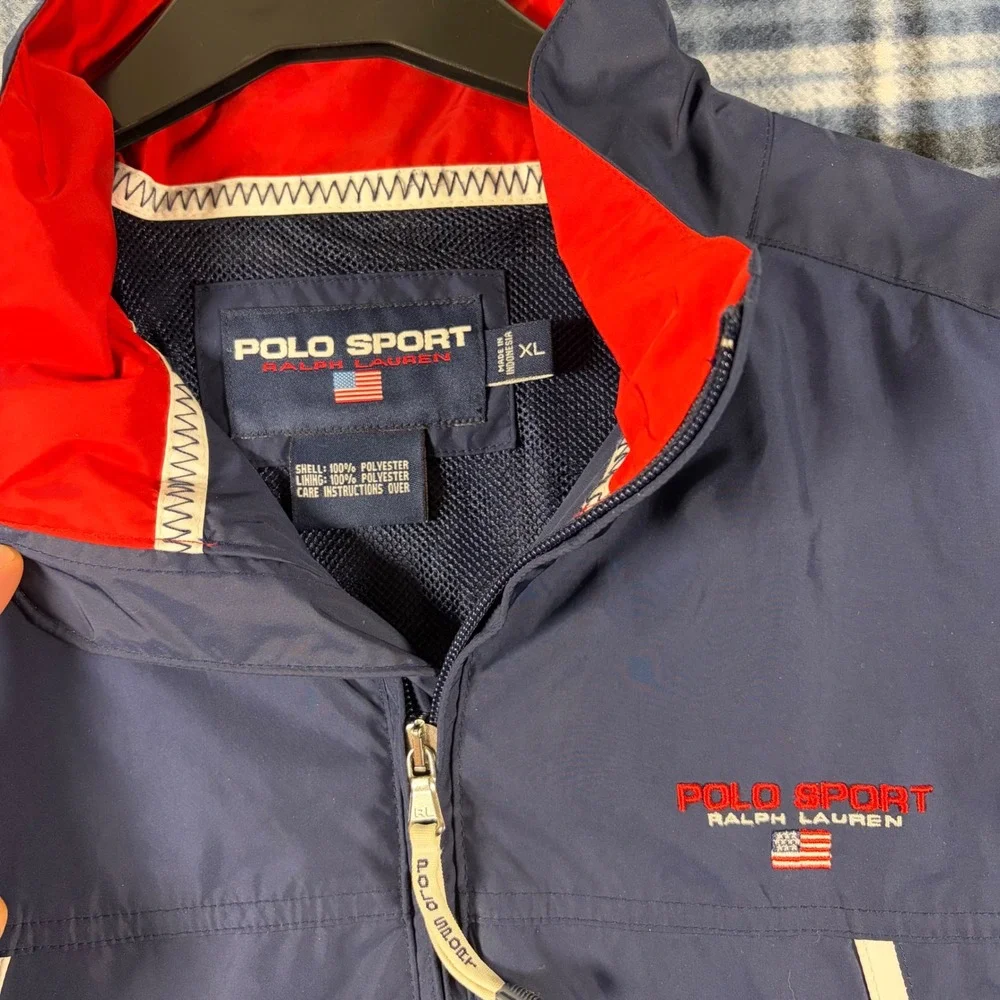 Polo Sport Ralph Lauren Mens XL Navy Blue Full Zip Windbreaker Jacket Red Trim